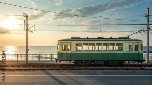 Medium Shot of Enoden Train Crossing Railway by the Ocean in Kamakura Japan with Pastel Tone