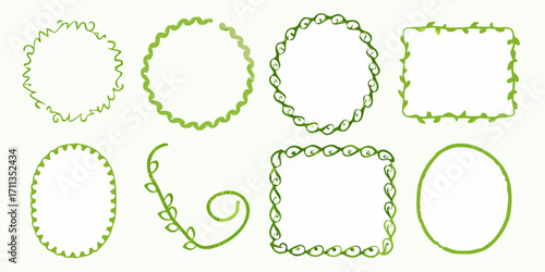Collection of organic green vine and leaf borders and frames in various shapes