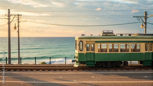 Medium Shot of Enoden Train Crossing Railway by the Ocean in Kamakura Japan with Pastel Tone