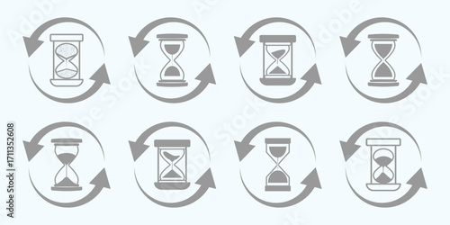 set of sand clock illustrations with varying frames and sand amounts. Hourglass shapes in multiple variations. Vector icon set of hourglasses with falling sand. Flat vector graphic design elements. 