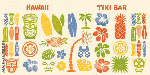 Hawaii tiki bar tropical paradise collection with surfboards palm trees flowers and pineapples