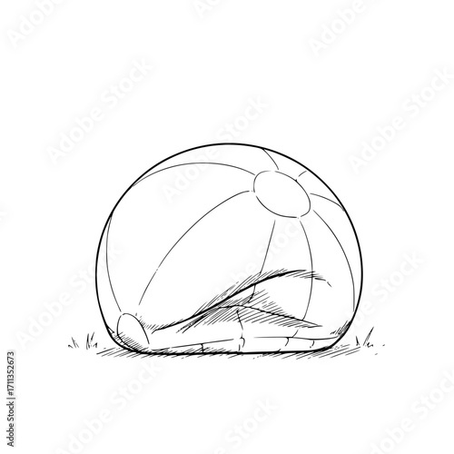Beach ball sketch lying on grass in minimalist style  