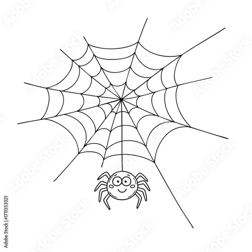 A cute and friendly cartoon spider with a happy face and big eyes hanging from its web a black and white line art illustration.