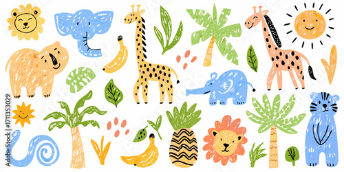 Cute hand drawn safari animals and tropical elements collection for kids
