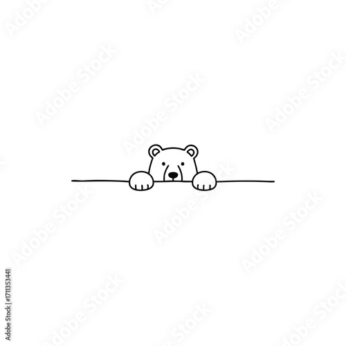 A cute minimalist black and white line drawing of a cartoon bear peeking over a line.