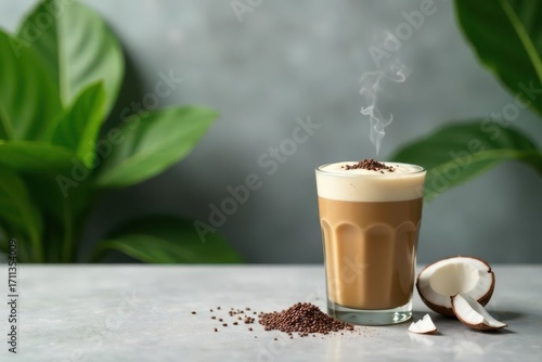Aromatic Coffee Drink with Creamy Foam and Chocolate Garnish near Tropical Leaves and Coconut