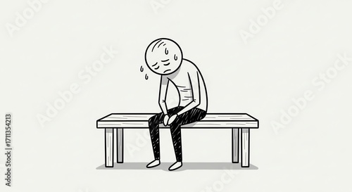 Sad Stick Figure Sitting on a Bench, Expressing Loneliness, Stress, and Mental Exhaustion