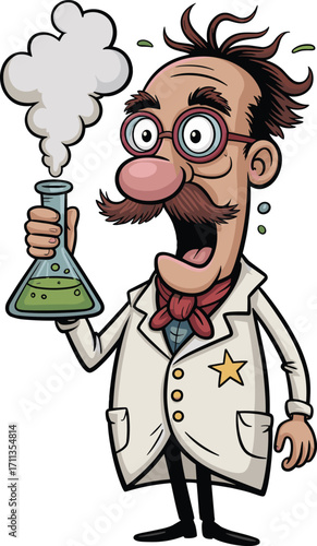 Cartoon Mad Scientist Character Holding a Smoking Erlenmeyer Flask, Crazy Professor with a Surprised Expression Vector Illustration