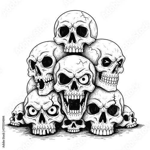 A handdrawn illustration of a menacing pyramid pile of angry human skulls with sharp fangs and cracked bones.