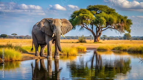 Majestic elephant drinking water in african savanna under a clear sky