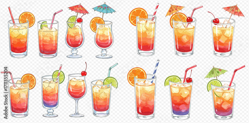 A collection of illustrated tropical cocktails in various glasses, garnished with orange slices, cherries, and umbrellas.