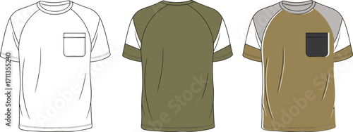 Raglan T-shirt Technical Sketch, Apparel Flat Drawing and Vector Illustration, Clothing Design Template for Fashion Mockup and Merchandising