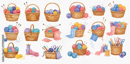 A charming watercolor collection of wicker baskets filled with colorful yarn balls, knitting needles, and various crafting supplies.