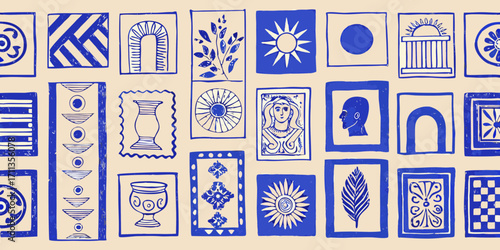 A collection of blue hand drawn icons and symbols on a beige background