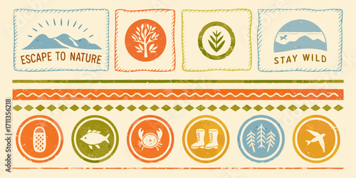 Collection of hand drawn nature inspired icons and decorative borders with rustic textures