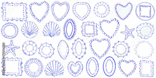 Collection of decorative blue watercolor frames and borders in various shapes including hearts shells and stars