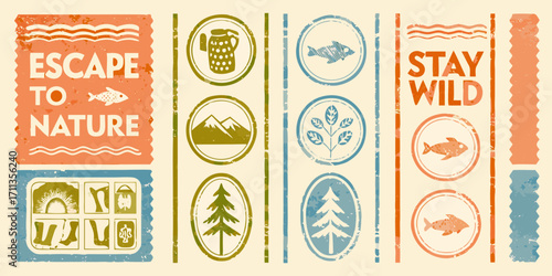 Retro vintage style graphic with nature inspired icons and slogans escape to nature and stay wild