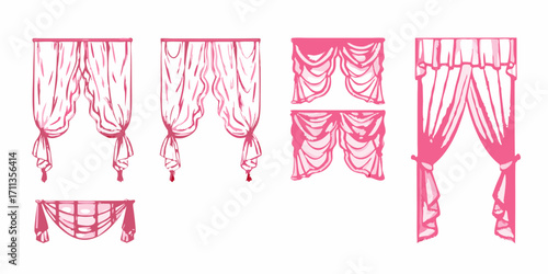 Collection of hand drawn pink draped curtains and swags in various styles and sizes
