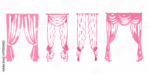 Collection of four different styles of pink watercolor sketched curtains with tiebacks and swags