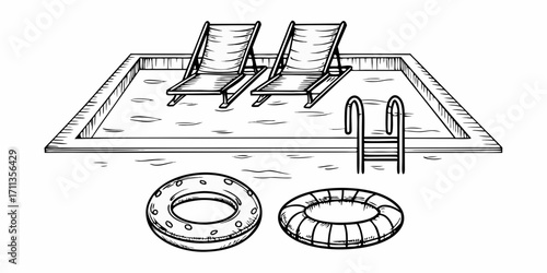 Black and white sketch of a swimming pool with lounge chairs ladder and inflatable rings