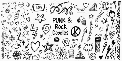 Collection of punk and rock doodles and symbols hand drawn in black and white