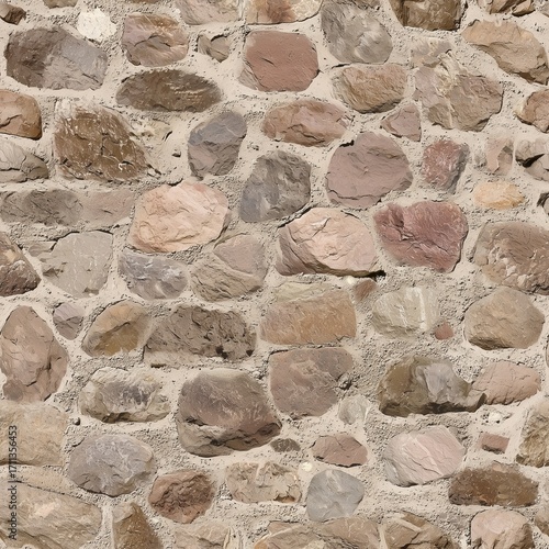 Seamless texture of a rustic stone wall made from rounded, multicolored rocks of various sizes, with thick, visible mortar joints, giving a classic, solid, and timeless feel.