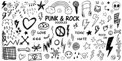 Collection of hand drawn punk rock doodles and symbols including lightning bolts hearts skulls and musical notes