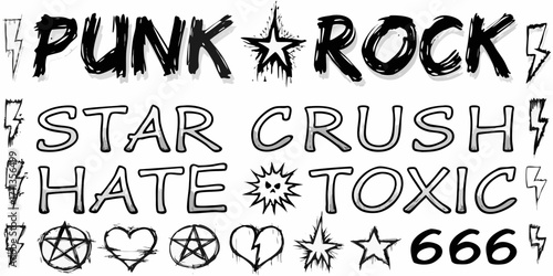 Collection of punk rock symbols and words including lightning bolts stars hearts and numbers