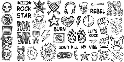 Collection of hand drawn rock and roll symbols and phrases with skulls stars hearts and lightning bolts