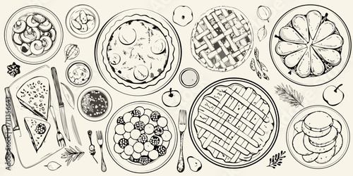 Hand drawn sketch of a delicious dessert spread featuring pies tarts and fruit dishes
