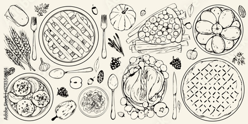 Hand drawn sketch of a thanksgiving feast with pies chicken and vegetables on a light background