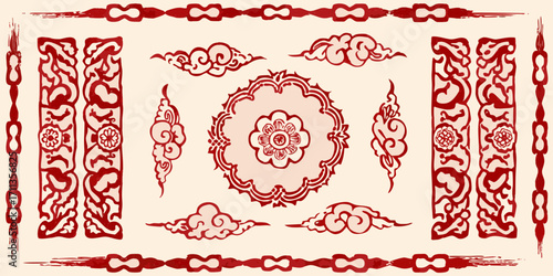 Collection of traditional chinese red decorative elements and ornate borders on a cream background
