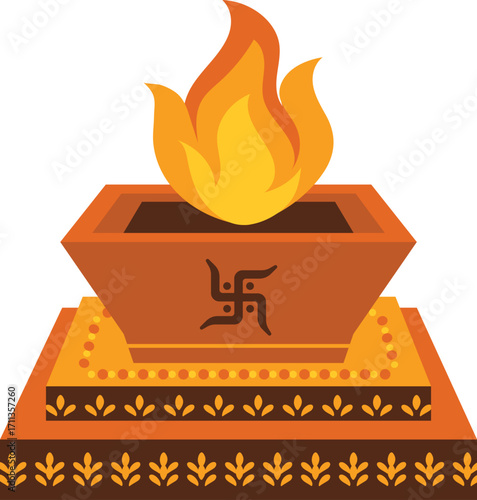 Traditional Hawan Kund With Ritual Fire Front View For Hindu Festive Celebration and Wedding Ceremony