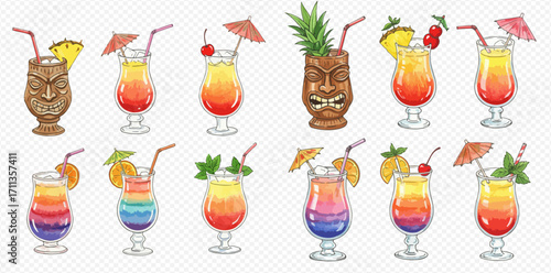 A vibrant collection of illustrated tropical cocktails in various glasses, garnished with fruit, mint, and umbrellas.