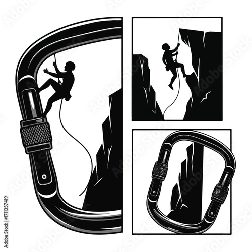 Vector illustration set of rock climbing and mountaineering equipment with climbers silhouettes.