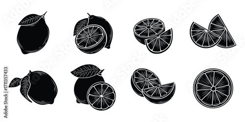 lemon set collection pack bundle black shape icon silhouette vector flat illustration design on white background
