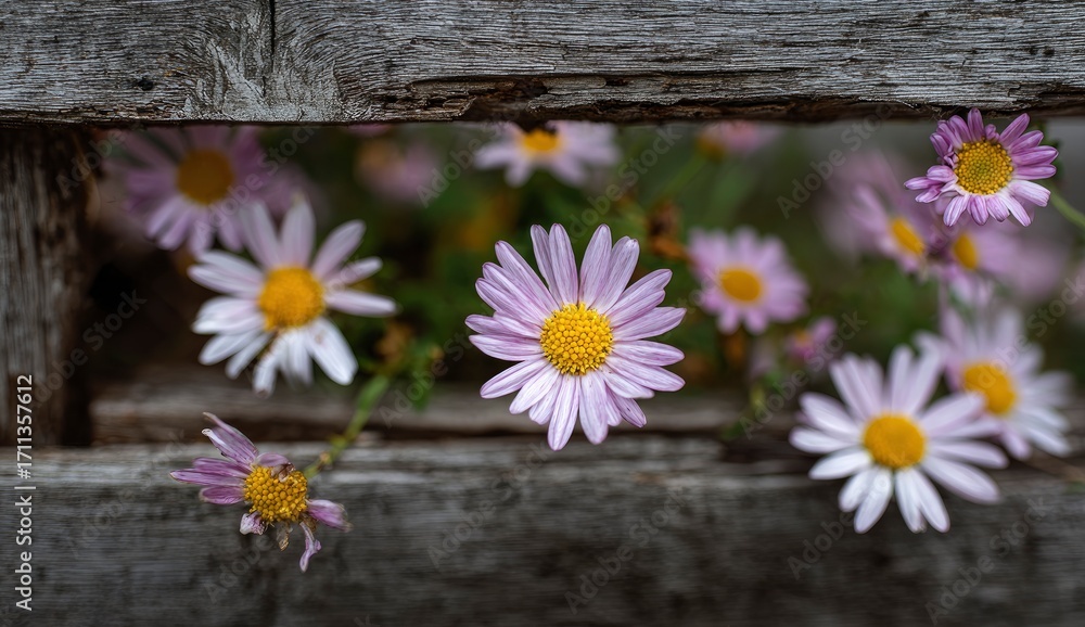 Obraz premium Pink and white daisies in rustic wooden frame