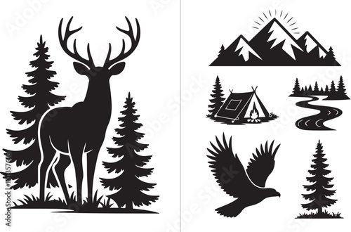 Wilderness adventure icons forest deer eagle mountains camping river