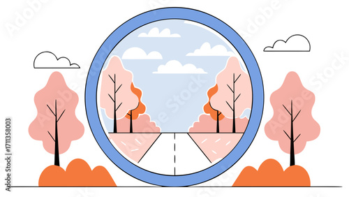Round traffic mirror reflects autumn road with bare trees and orange foliage under cloudy sky