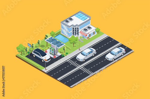 isometric roadside electric car charging station next to the house, easy to access from the main road, Suitable for Infographics and Book Picture Illustration