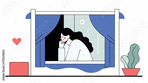 Sad woman with long curly hair leans against window, gazing outside with thoughtful expression