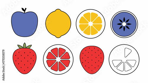 Colorful fruit icons including apple, lemon, orange, blueberry, and strawberry slices on transparency background