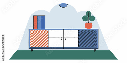 Modern sideboard with colorful cabinet doors, books, and potted plant on green parquet floor