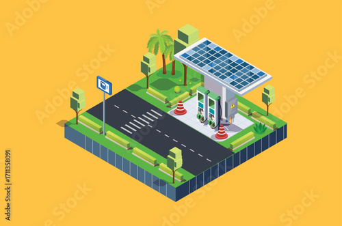 Isometric Charging electric cars with fast supercharger stations. Concept Isolated Premium Vector. Suitable for Infographics and Book Picture Illustration