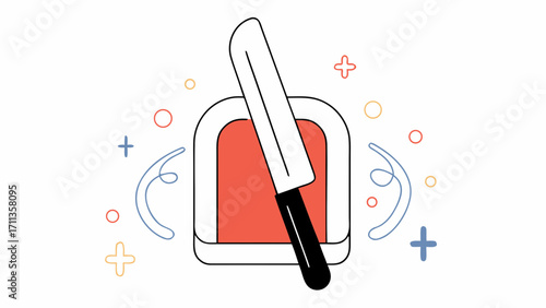 Silver butter knife with black handle and toast icon in flat vector style, surrounded by colorful abstract shapes