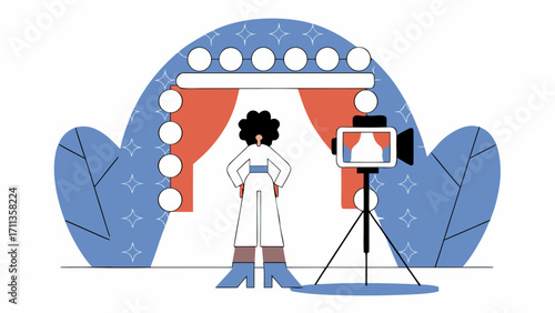 Stunning black woman with afro dressed in futuristic fashion poses confidently in front of camera setup