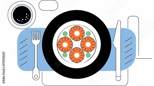 Grilled pineapple slices with green peas on plate, top view, minimal line art style illustration