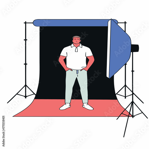 White polo shirt on muscular man posing confidently, casual fashion style with clean background