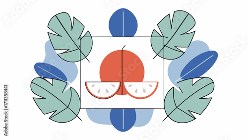 Abstract fruit and leaf composition with sliced tomato and geometric shapes in modern flat style