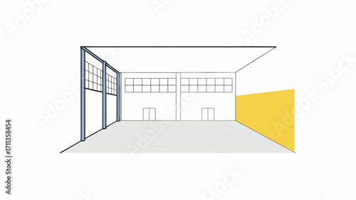 Empty warehouse interior with high ceiling, large windows, concrete floor, and yellow accent wall